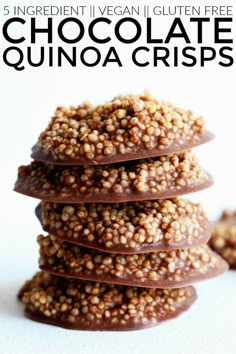 chocolate quinoa crispes stacked on top of each other with text overlay