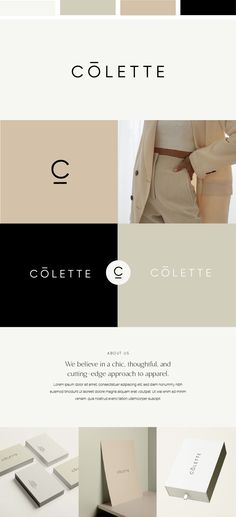 the website for colette is shown in black, white and beige colors with an elegant logo