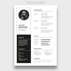 a professional resume template with black and white colors, includes an image of a man's face