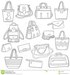 handbags and purses are drawn in black ink on a white background stock photo