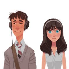 a man and woman with headphones on