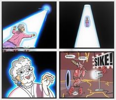 the comic strip shows an old woman with a light on her head and another cartoon character holding