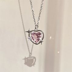 Pink Heart Sparkle Necklace - Cupcake Random Accessories, Pink Heart Necklace, Crystal Heart Necklace, Y2k Accessories, Korean Jewelry, Silver Necklaces Women, Sparkle Necklace, Drop Pendant Necklace, Fancy Jewellery