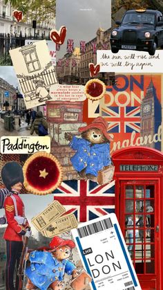 the collage has many different pictures and words on it, including an image of a british flag