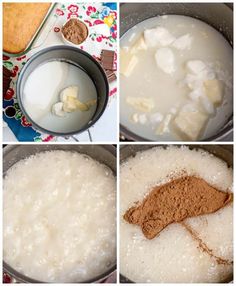 four pictures showing different stages of cooking in a pot with milk, sugar and other ingredients