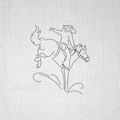 a drawing of a person riding a horse on a white linen background with the outline of a cowboy