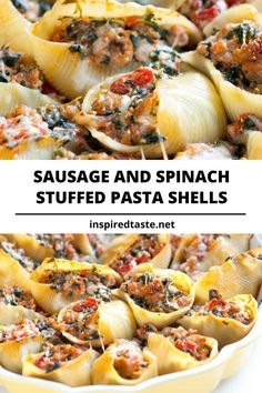 sausage and spinach stuffed pasta shells in a casserole dish with text overlay