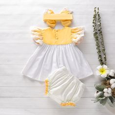 Playful Ruffled Sets For Playtime, Cute Spring Sets With Elastic Waistband, White Cotton Sets With Ruffles, White Cotton Ruffled Sets, White Ruffled Cotton Sets, White Ruffled Summer Sets, Cute White Bloomers With Elastic Waistband, Playful Fitted Sets With Matching Headband, White Ruffled Playtime Sets