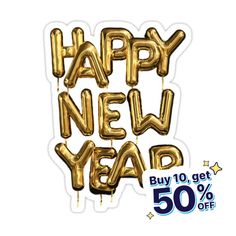 happy new year balloons with the words buy 10 get 50 % off