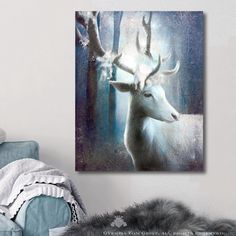 a painting of a deer in the woods on a wall above a blue couch and chair