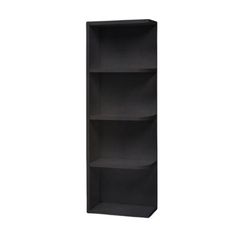 a black bookcase with three shelves on each side and one shelf in the middle