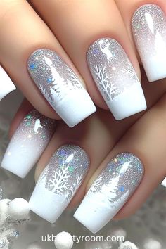 nails 07 Glamorous Christmas Nails, Best Christmas Nail Designs, Winter Tree Nail Art, Christmas Finger Nail Designs, White Tip Christmas Nails, Christmas Nail 2024, Christmas Nails Design Ideas, Elegant Christmas Nails Classy Sparkle, Elegant Nail Designs 2024