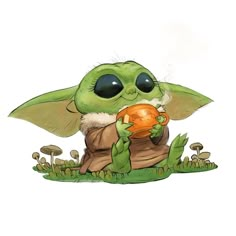 the baby yoda is holding an orange ball