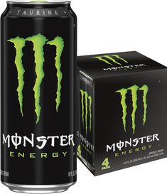 monster energy drink is shown in front of a black box with neon green lettering on it