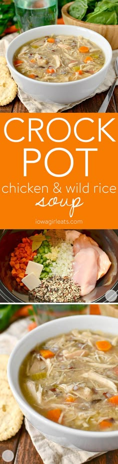 two bowls of chicken and wild rice soup with crackers on the side for garnish