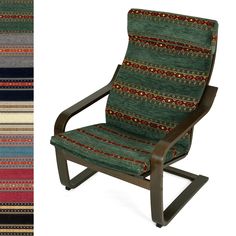 an upholstered chair is shown next to a multicolored striped rug on the floor