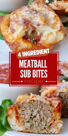 four different meatball sub bites on white plates with text overlay that reads, 4 ingredient meatball sub bites