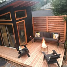 a small backyard with a fire pit and seating area