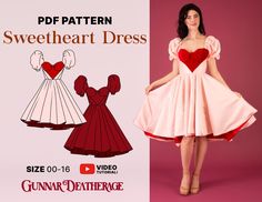 Midi Vintage Inspired Dress INSTANT DOWNLOAD Sweet Heart Dress PDF Sewing Pattern Puff Sleeve Beginner Sewing Pattern High Low - Etsy Sweetheart Dress Pattern, Sweet Heart Dress, Pattern Puff Sleeve, Beginner Sewing Patterns, Beginner Sewing, Sweetheart Dress