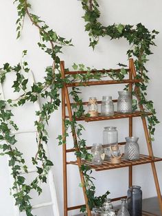 a ladder with candles and greenery on it in front of a wall mounted shelf