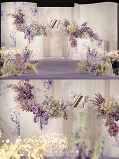 two pictures of flowers on display in front of a white wall with purple and gold accents