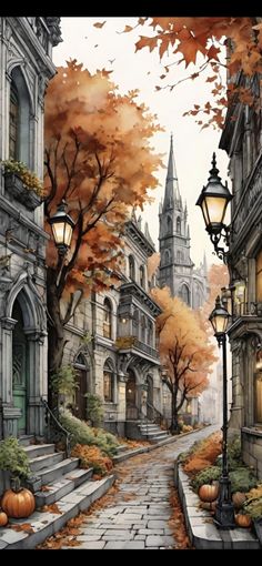 a painting of a city street in autumn