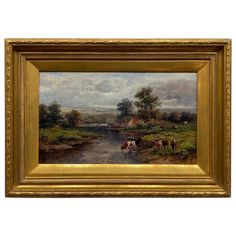 an oil painting of cows by a river