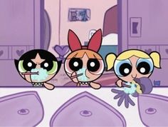 the powerpuff girls are standing in front of a mirror