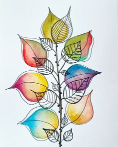 Watercolour Leaf Painting, Watercolor Doodle Art, Pen And Ink Watercolor, Doodle Watercolor, Doodle Paint, Doodle Art Flowers, Learn Watercolor Painting, Fabric Painting Techniques, Watercolor Flowers Tutorial