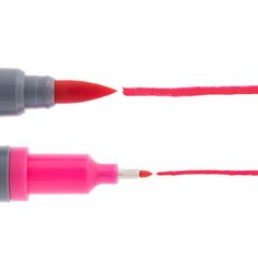 two pink and grey crayon pens with red tips on white background, side by side