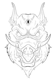 a drawing of a demon mask with large horns