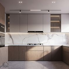 a kitchen with marble counter tops and wooden cabinets