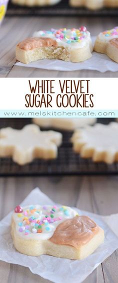 white velvet sugar cookies with sprinkles and frosting are on trays