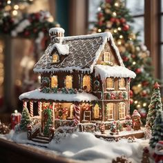 a gingerbread house decorated with christmas decorations