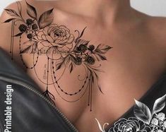 a woman's chest with flowers and vines on the side, behind her is a black leather jacket