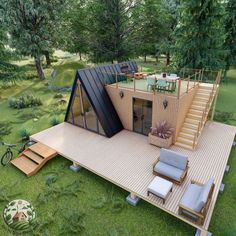 an artist's rendering of a house in the middle of a grassy area with stairs leading up to it