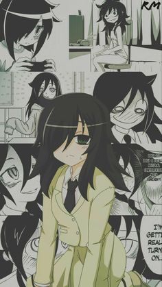 an anime character with long black hair and green eyes is surrounded by many other characters