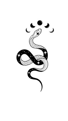 a black and white drawing of a snake with stars on it's head, in the shape of a crescent