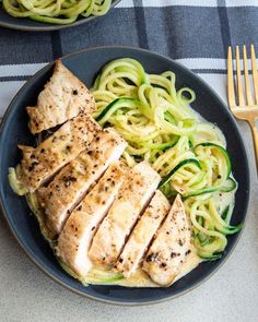 two plates with chicken and zucchini noodles on them