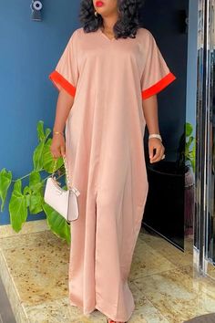 Comfortable V-neck Contrast Short Sleeve Loose Maxi Dress Materials Gown Style, Simple Dress Styles, Casual Gowns, Boubou Styles For Women, Bubu Gown Styles, Modest Dresses Fashion, Kaftan Designs, African Print Dress Designs, African Fashion Traditional