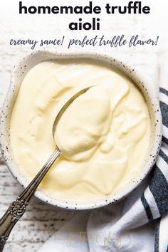 homemade truffle aioli in a bowl with a spoon