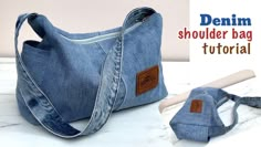 the denim shoulder bag is made from an old pair of jeans and has a leather handle