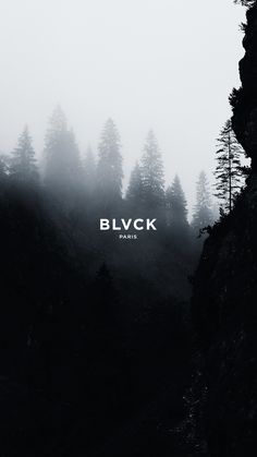 a black and white photo with the words blvck in front of some trees