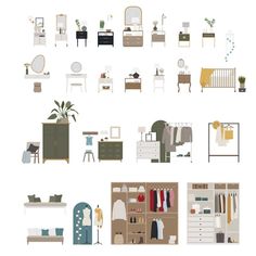 an assortment of furniture and accessories arranged on a white background, including a bed, dresser, chair, mirror, desk, closet, table