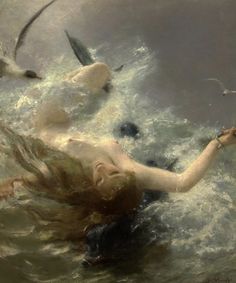 a painting of a woman in the water with seagulls flying above her head