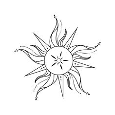 a black and white drawing of a sun with dots on it's face, in the shape of a star