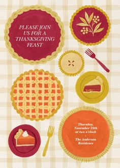 an advertisement for thanksgiving dinner with pies and pie plates