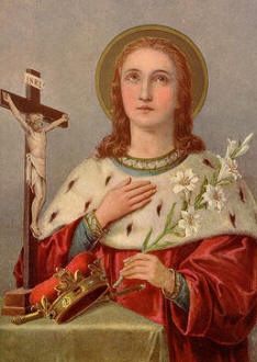 an old painting of a woman holding a crucifix