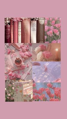 a collage of pink flowers and books