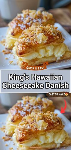 some kind of dessert on a plate with words above it that read king's hawaiian cheesecake danish